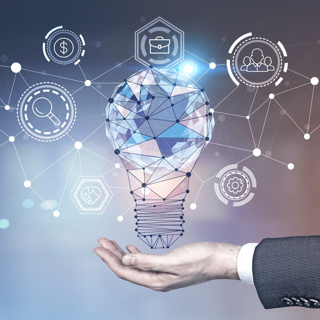 Man hand, glowing light bulb, network interface