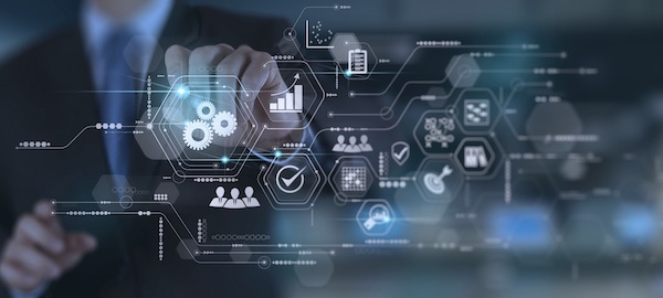 Businessman hand working with virtual innovation Operations management involving business process and problem solving,workflow,monitoring and evaluation,high performance quality control on computer dashboard.