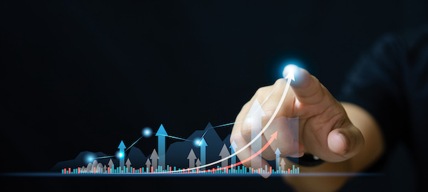 Businessman point increase arrow graph corporate future growth. Planning goal target challenge and business strategy finance investment development concept.